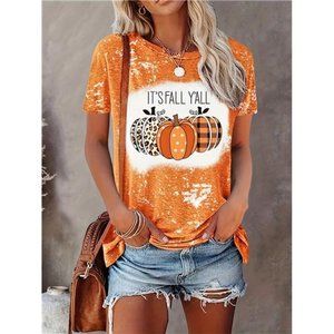 Halloween Pumpkin Print  T-shirShort Sleeve Crew Neck Loose T-shirt Women's